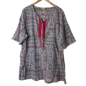 Catherines Top Womens 2X Plus Gauzy Tunic Button Peasant Boho Split Neck Tie